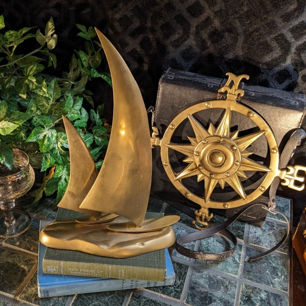 Solid Brass Vintage Sailboat & Compass Rose Set Nautical Coastal Decor Sculpture